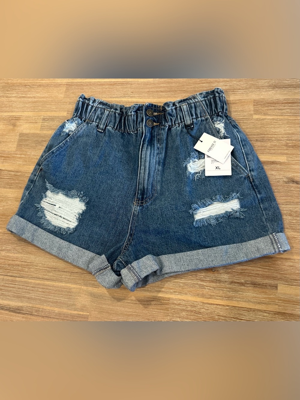 Forever 21 Dark Blue Distressed Paperbag Waist Denim Shorts